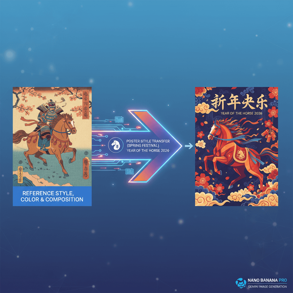 Artistic illustration of Poster Style Transfer (CNY) using Nano Banana Pro AI for stunning product design.