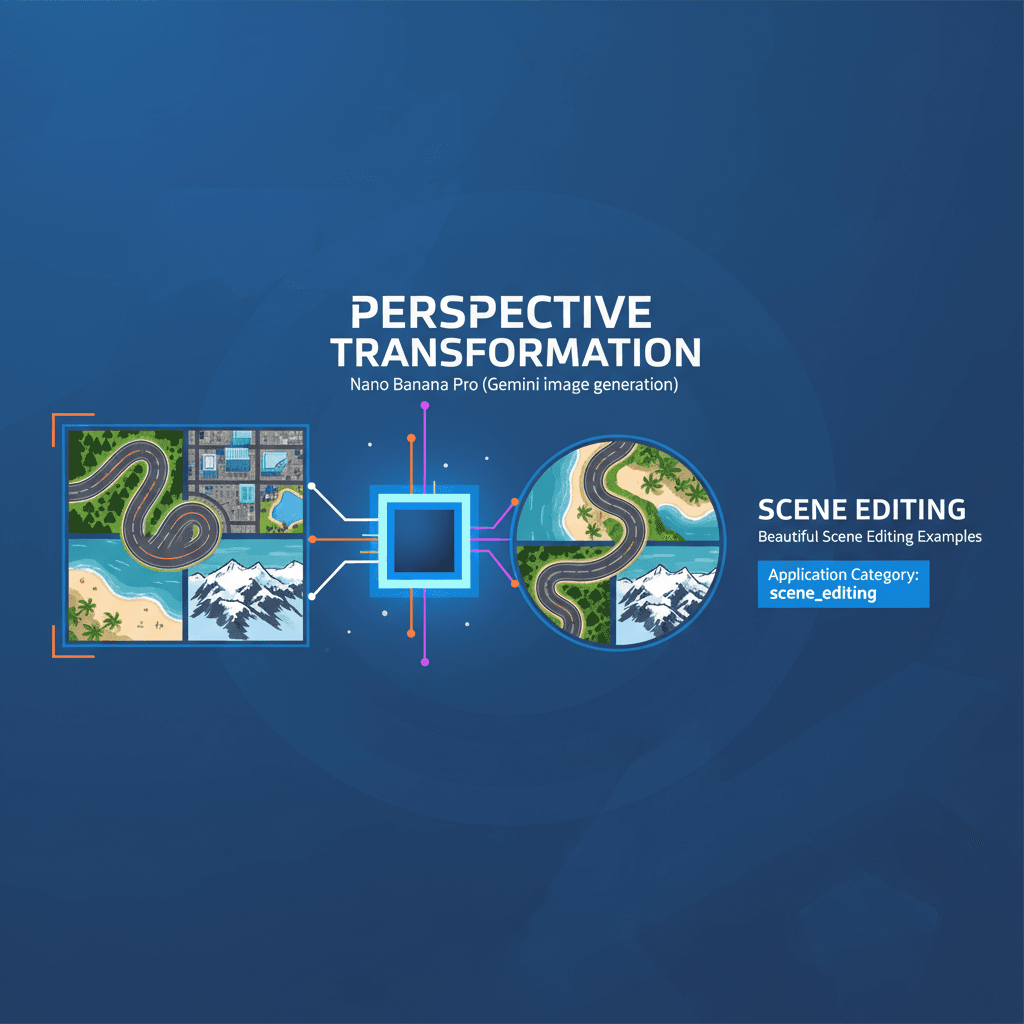 Artistic illustration showcasing perspective transform in scene editing using Nano Banana Pro AI tool.
