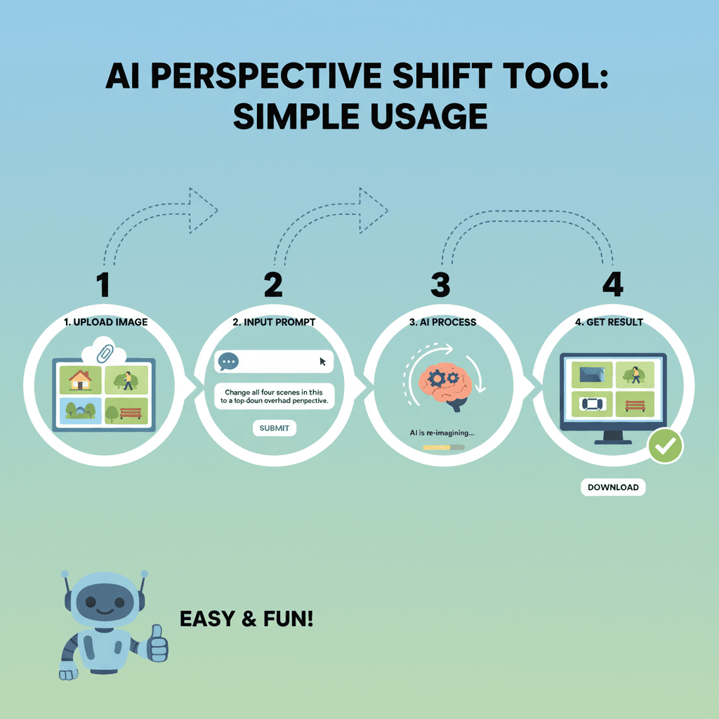 Usage steps for perspective transform in an AI tool, showcasing easy scene editing with Nano Banana Pro.