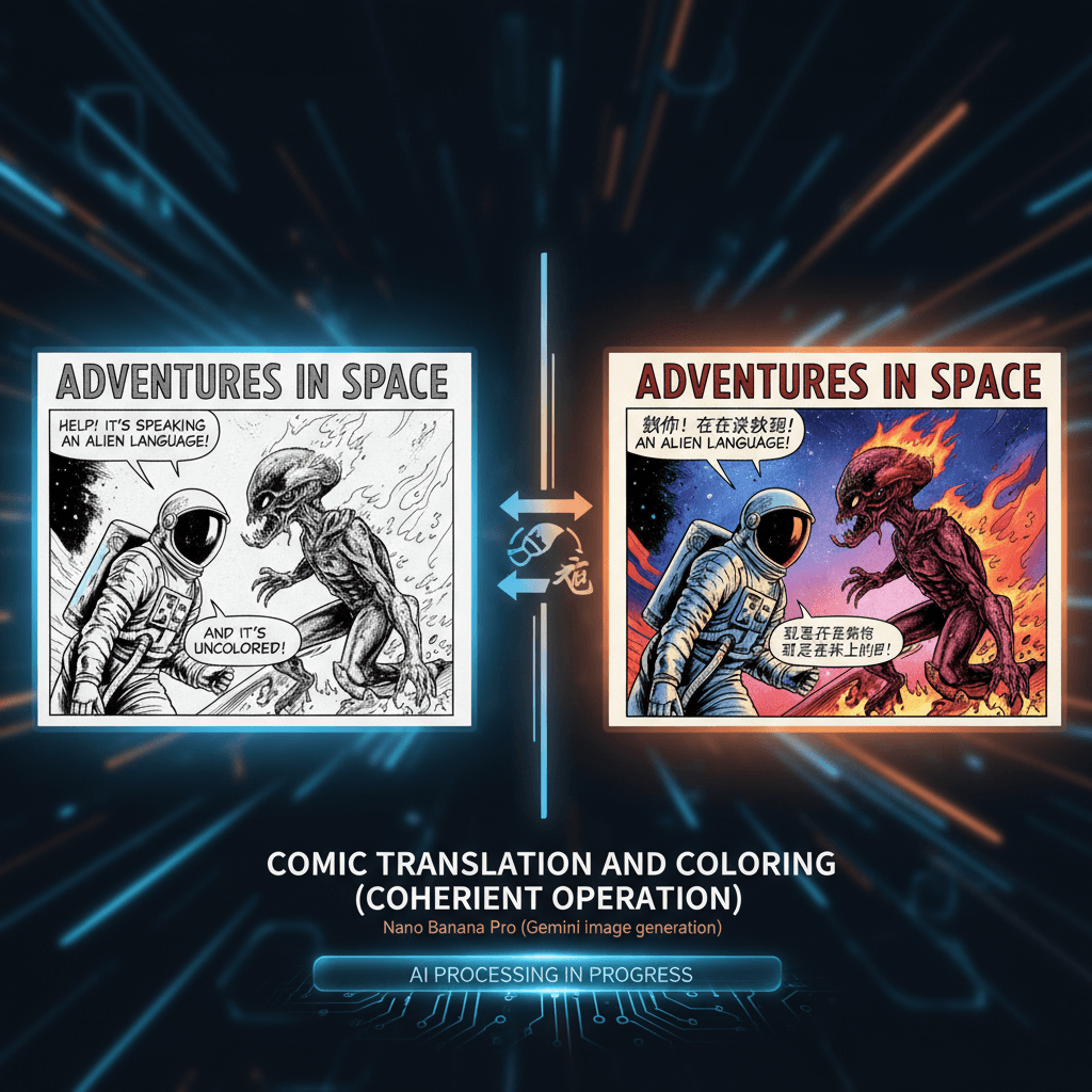 Stunning manga translation and colorization example created with Nano Banana Pro, showcasing AI generation capabilities.