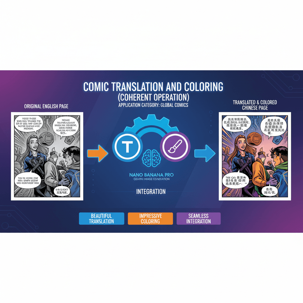 Artistic illustration showcasing "Manga Translation & Coloring" using AI tool Nano Banana Pro for vibrant colorization and text adaptation.