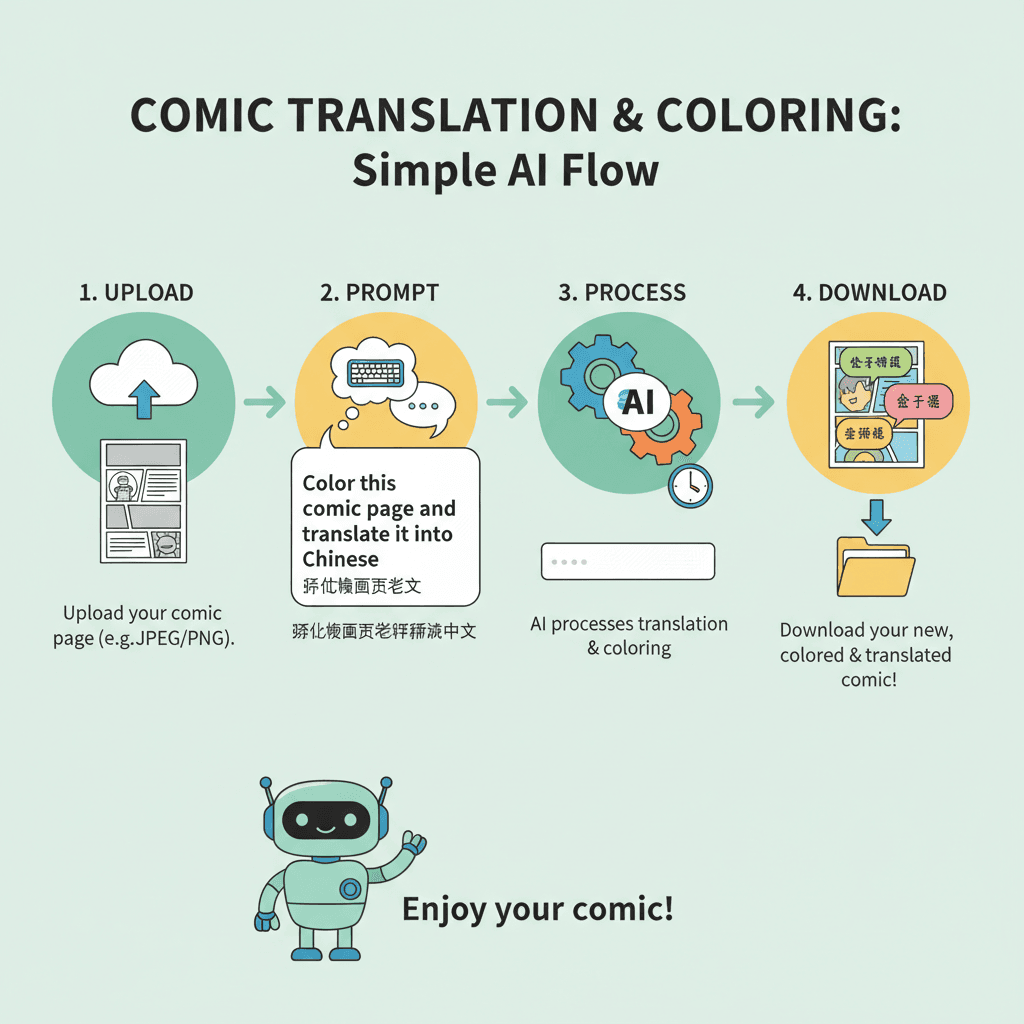 Usage steps for Manga Translation & Coloring using AI tool Nano Banana Pro, showcasing ease of use and process guidance.