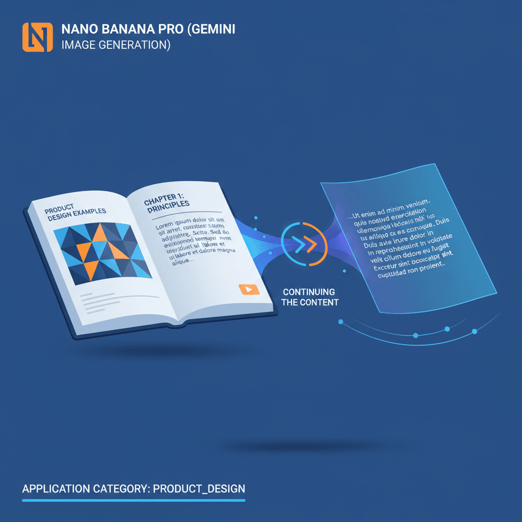Artistic illustration of "Book Page Continuation" showcasing product design with Nano Banana Pro AI for seamless reading experience.