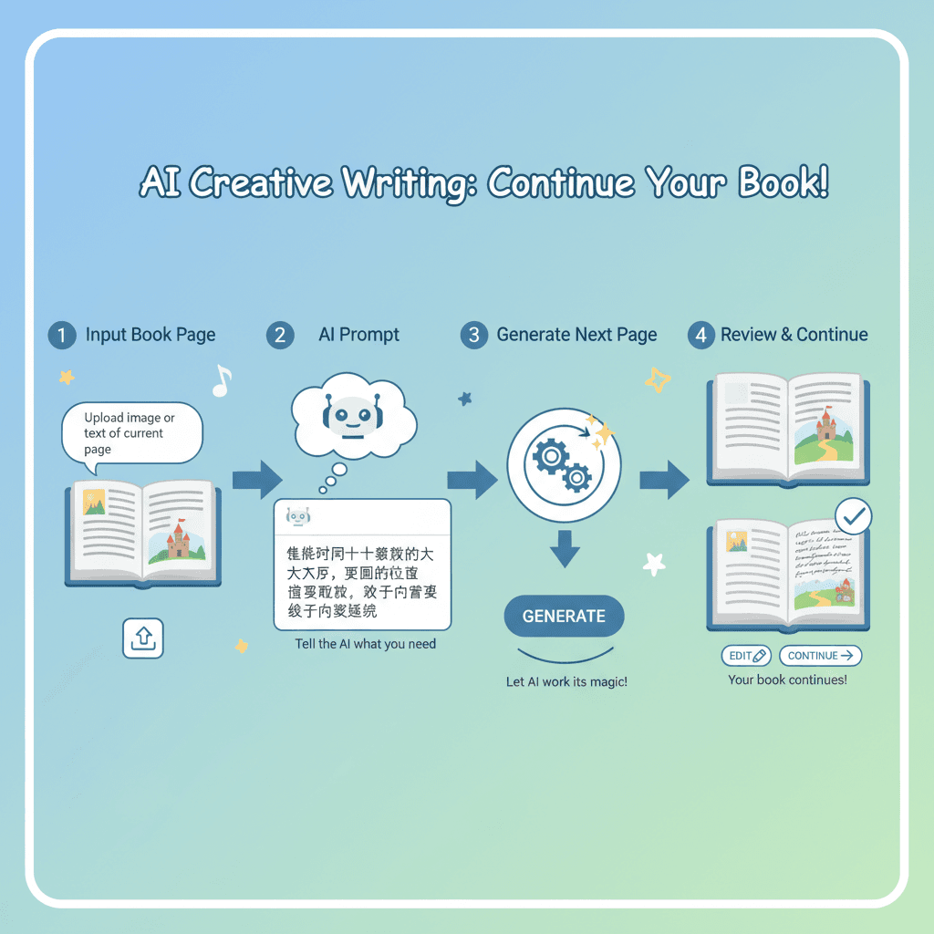 Usage steps for Book Page Continuation using the AI tool Nano Banana Pro, showcasing ease of use and clear process guidance.