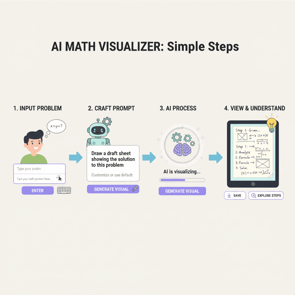 Infographic showcasing usage steps for the Math Problem Visualization AI tool, emphasizing ease of use and process guidance.