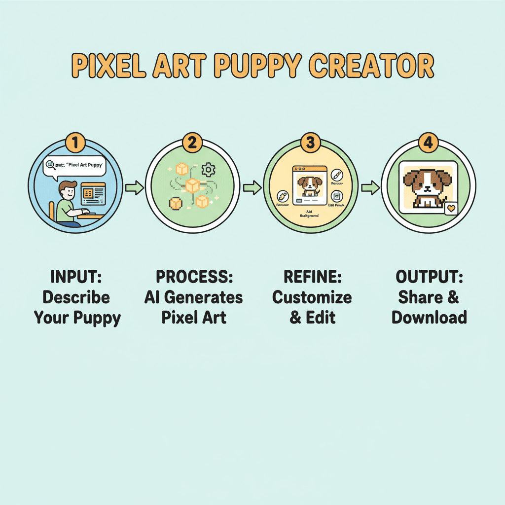 Usage steps for creating a Perler Bead Style Puppy with an AI tool, showcasing easy process guidance for stunning results.