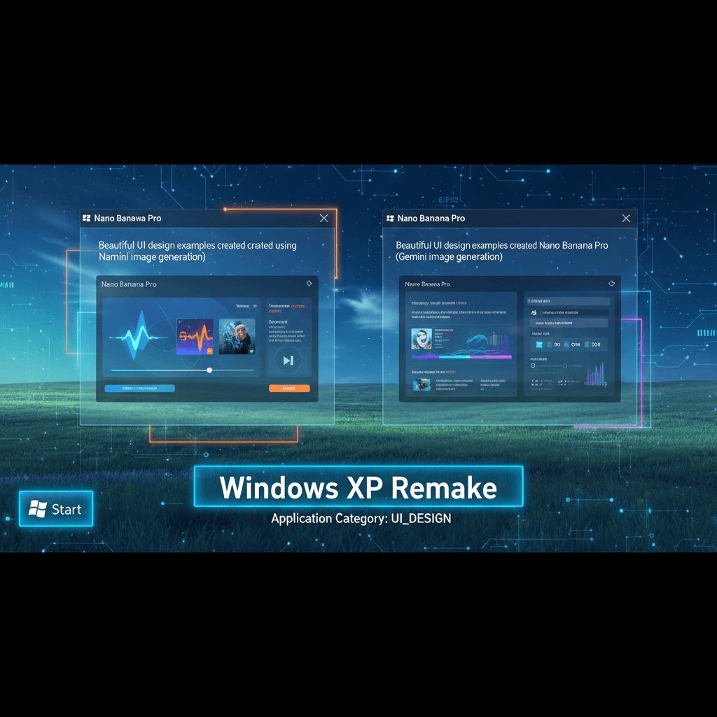 Artistic illustration of Windows XP Recreation, showcasing stunning UI design using Nano Banana Pro AI for UI design applications.