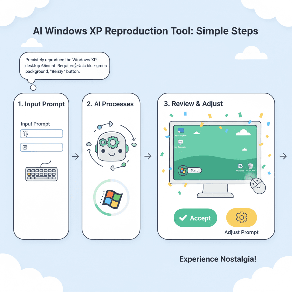 Usage steps for Windows XP Recreation using the AI tool Nano Banana Pro, showcasing an easy and guided design process.