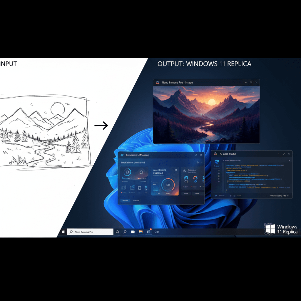 Stunning UI design example of Windows 11 Recreation created with Nano Banana Pro, showcasing AI generation capabilities.