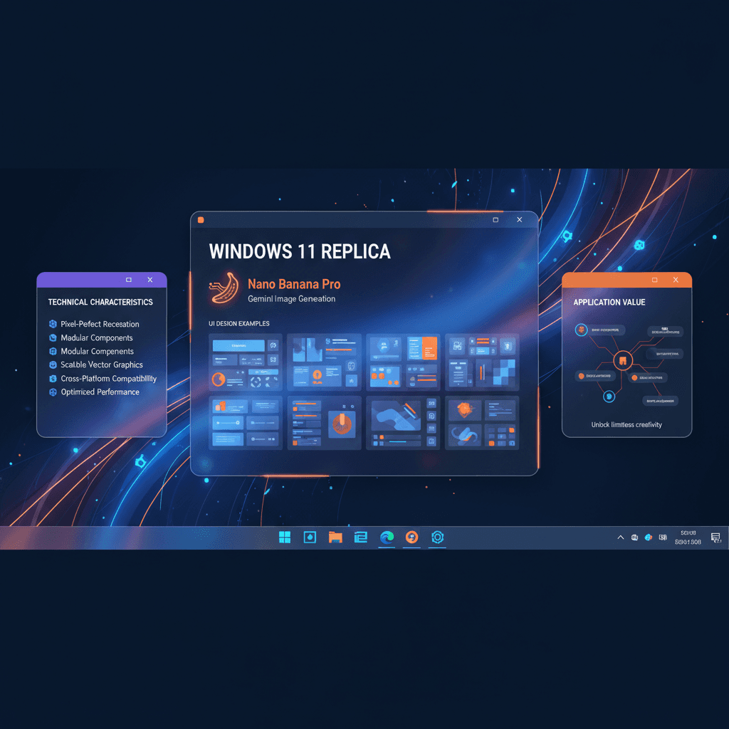 Artistic UI design of Windows 11 Recreation, created with Nano Banana Pro AI for UI design applications.