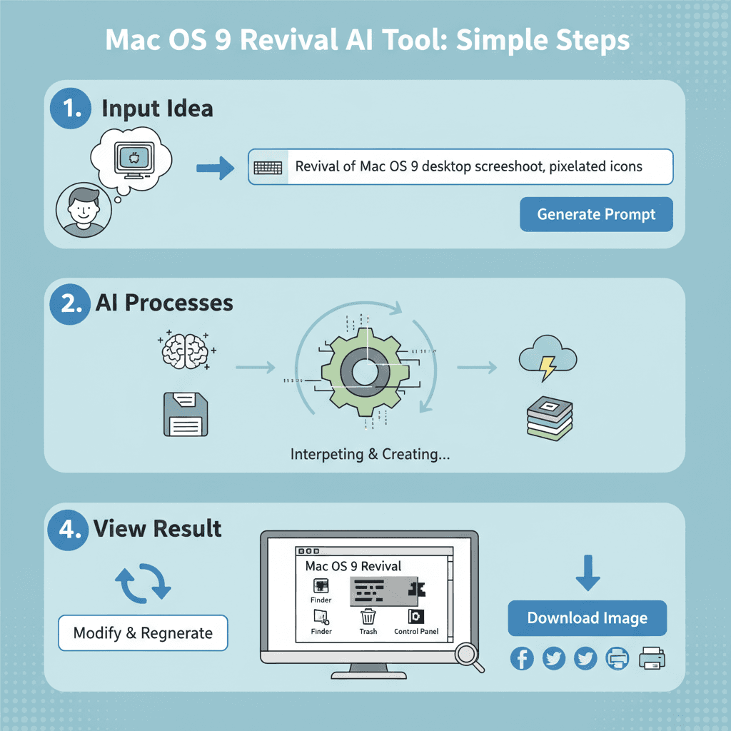 "Usage steps for Mac OS 9 Recreation using an AI tool, showcasing ease of use and process guidance in stunning UI design."
