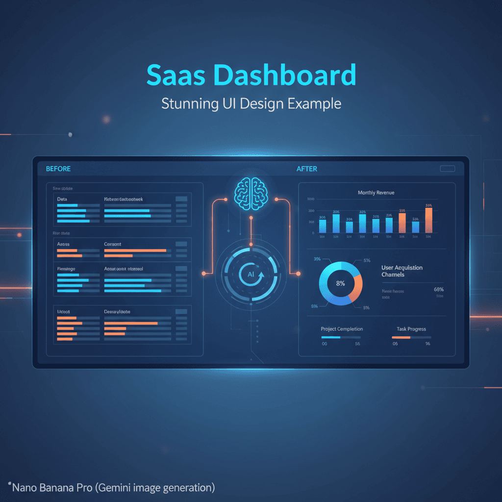 Stunning SaaS dashboard UI design created with Nano Banana Pro, showcasing AI generation for intuitive user experiences.