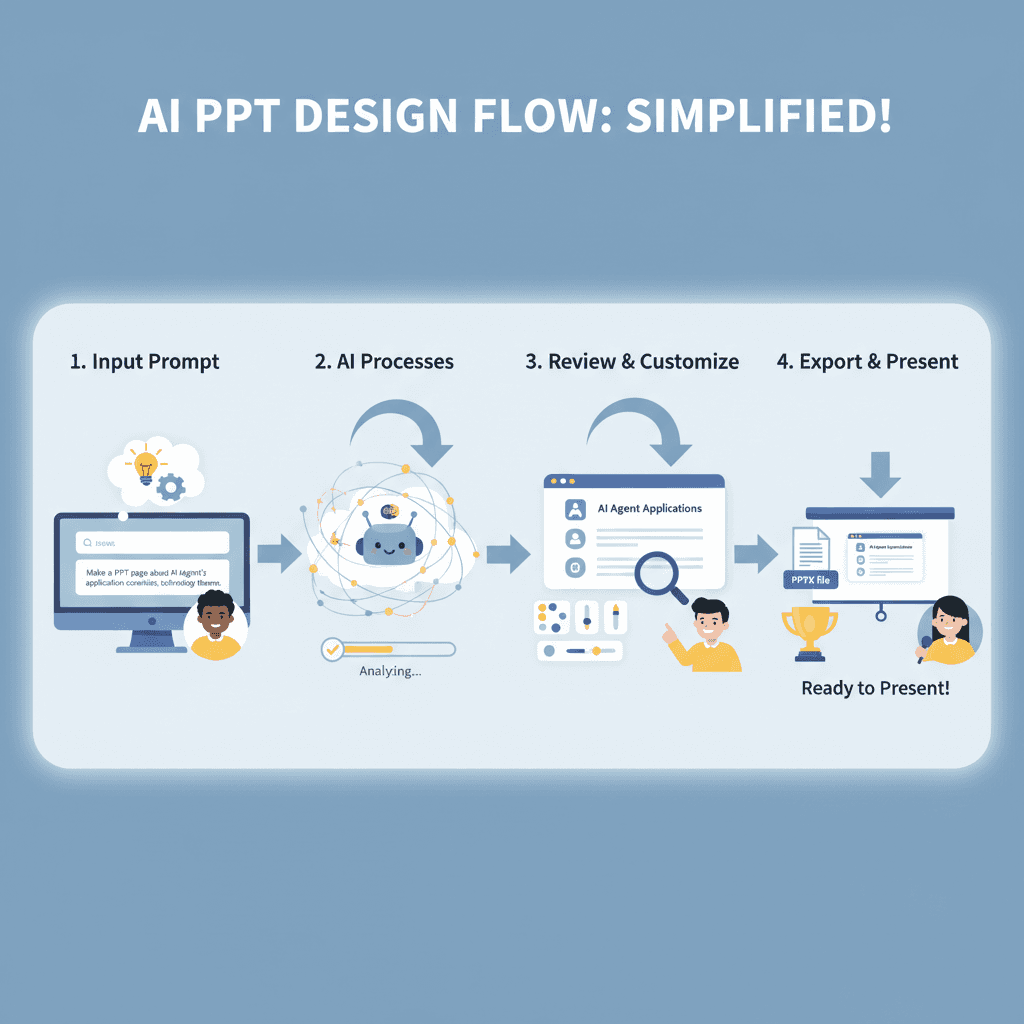 Workflow diagram illustrating usage steps for PPT Slide Design with Nano Banana Pro, an AI tool for easy presentation creation.