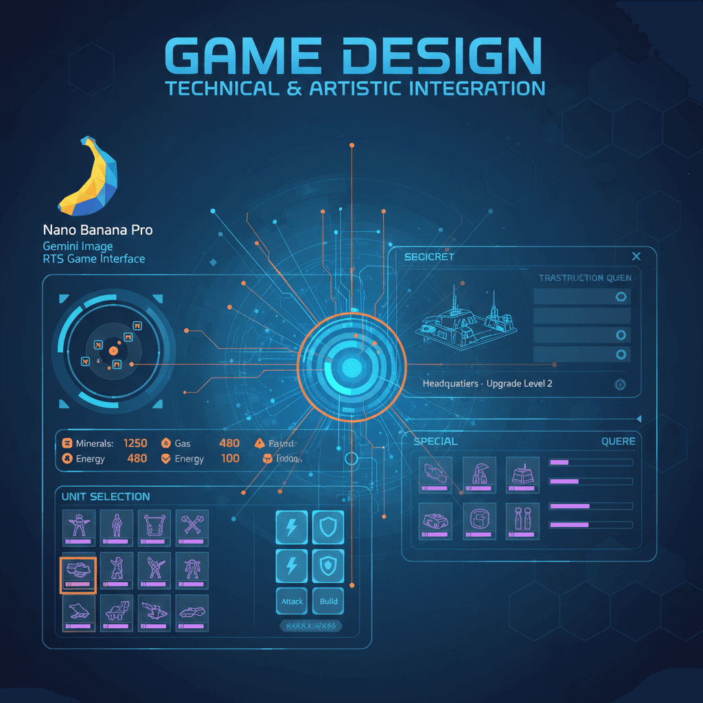 Artistic illustration of an RTS game interface, showcasing game design with Nano Banana Pro AI for immersive gameplay.