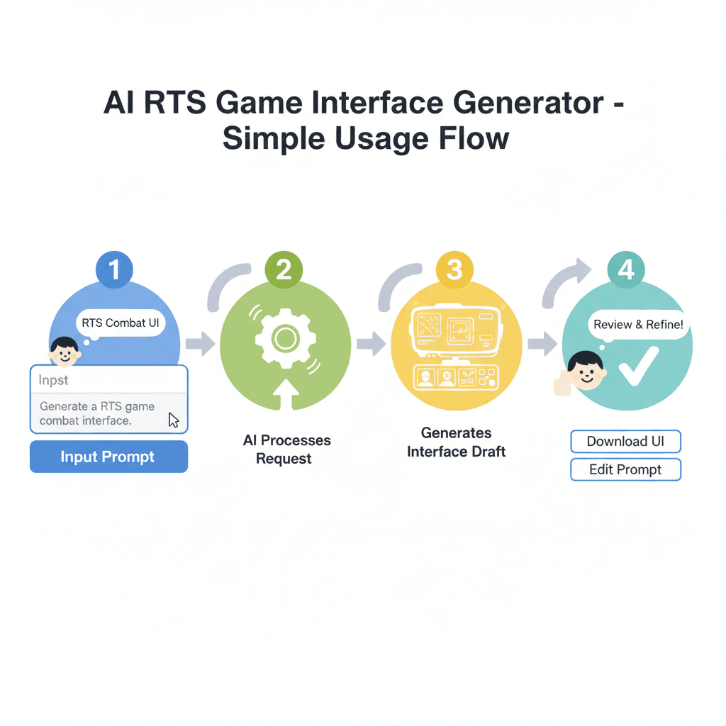 Usage steps for RTS Game Interface design using AI tool Nano Banana Pro, showcasing ease of use and clear process guidance.