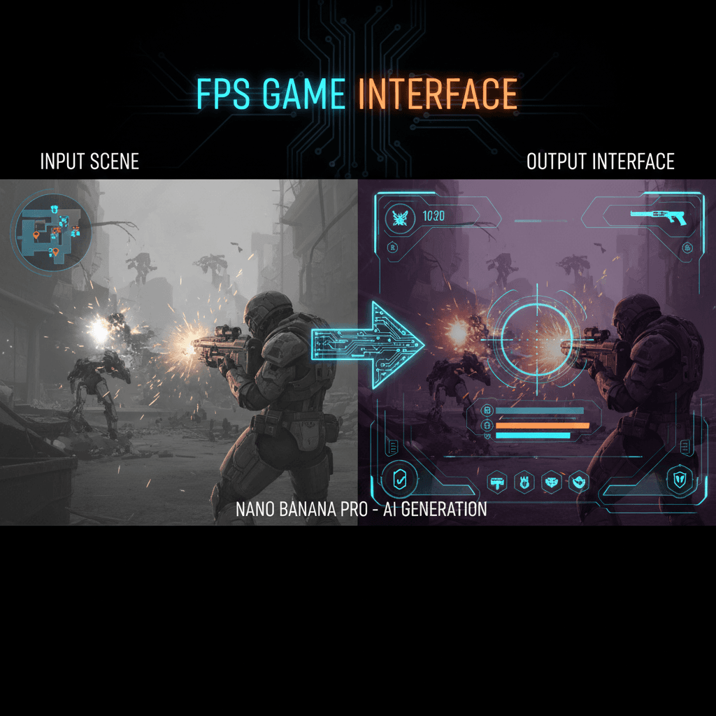 Stunning FPS Game Interface design created with Nano Banana Pro, showcasing AI generation capabilities in game design.