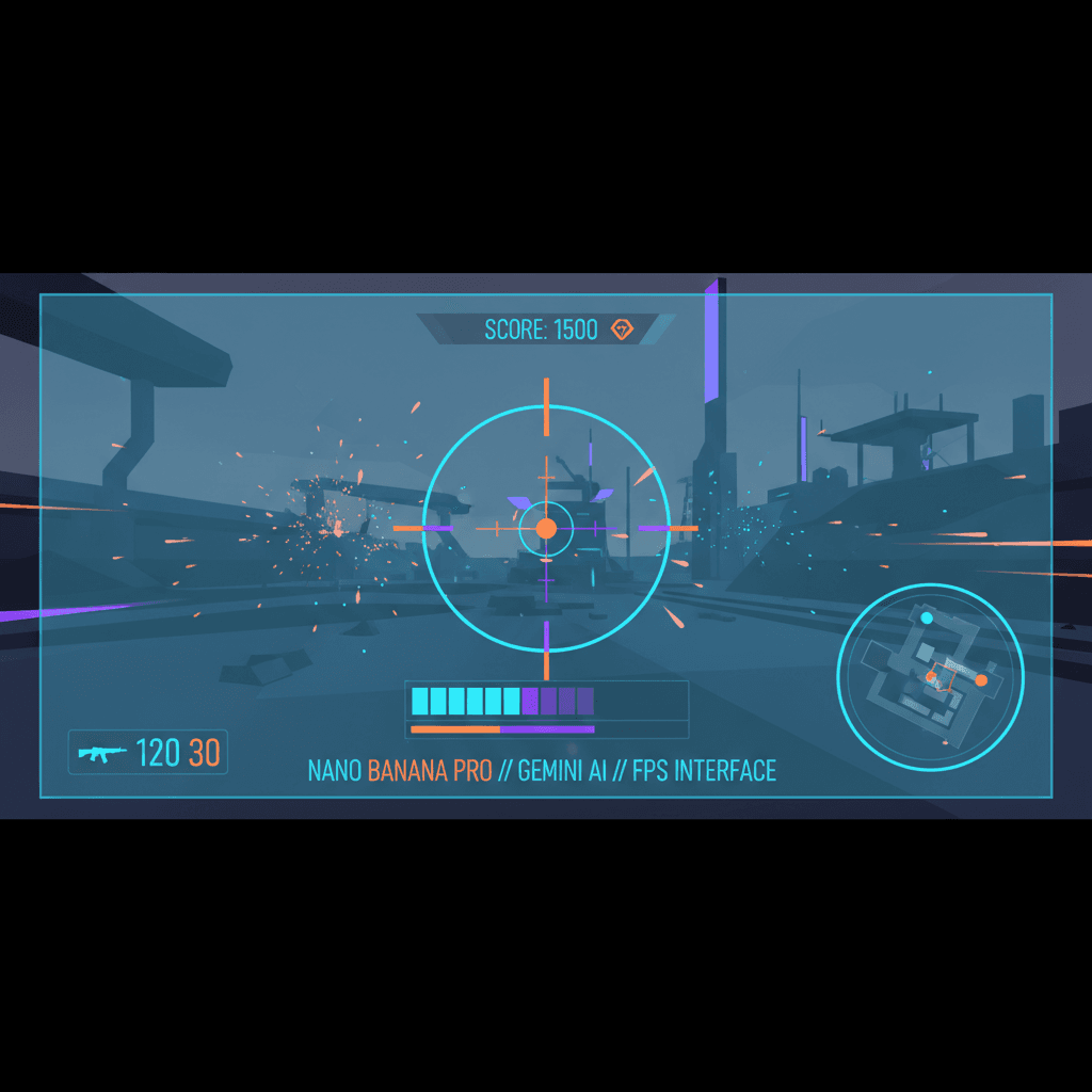 Artistic FPS game interface design created with Nano Banana Pro (AI) showcasing innovative game design elements.