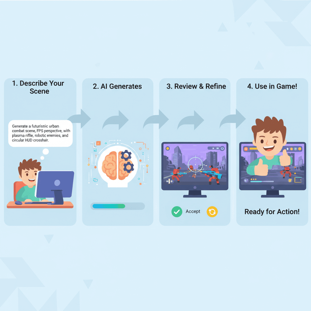 Usage steps for an FPS Game Interface created with Nano Banana Pro, an AI tool showcasing easy design guidance.