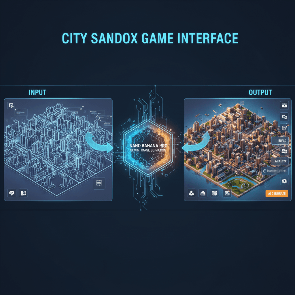 City Sandbox Game Interface designed with Nano Banana Pro, showcasing AI generation for immersive game design.