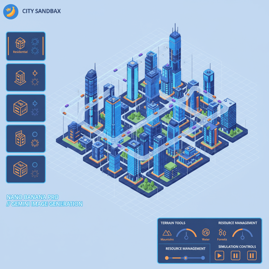 Artistic illustration of a City Sandbox Game Interface, showcasing game design with Nano Banana Pro AI for immersive gameplay.