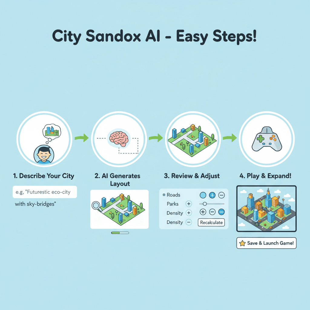 Workflow diagram illustrating usage steps for the City Sandbox Game Interface, showcasing ease of use in this AI tool.