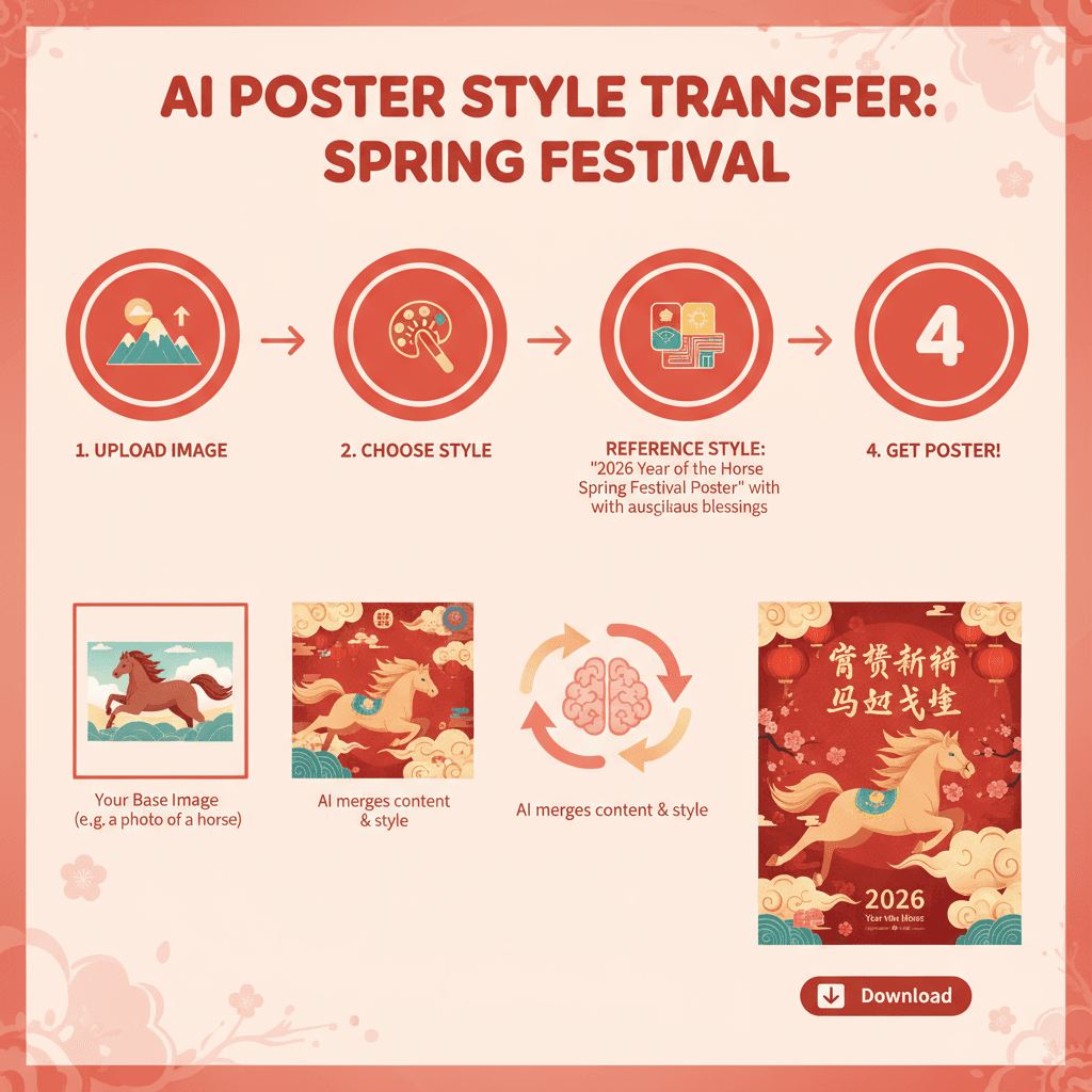 Usage steps for Poster Style Transfer (CNY) using the AI tool Nano Banana Pro, showcasing easy design creation.