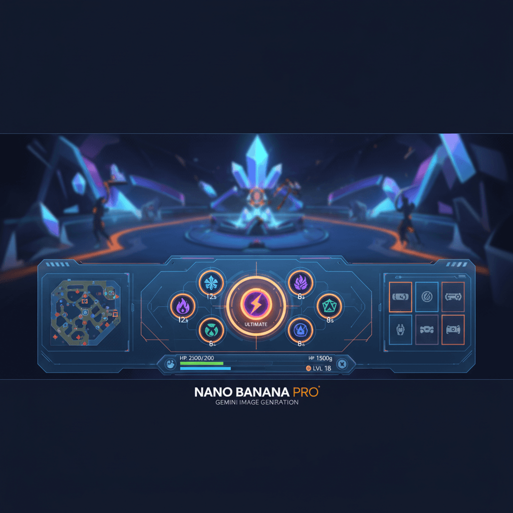 Artistic illustration of a MOBA game interface, showcasing game design with Nano Banana Pro AI for enhanced user experience.