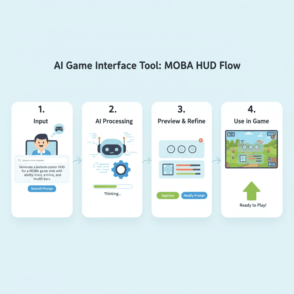 Usage steps for a MOBA game interface designed with Nano Banana Pro, an AI tool for intuitive game design.