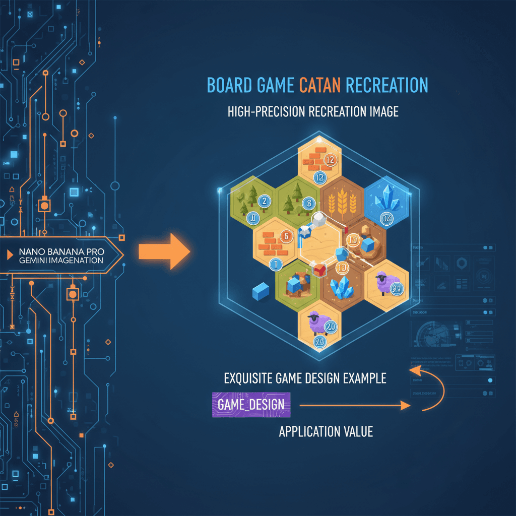 Artistic illustration of Catan Board Game Recreation created with Nano Banana Pro AI, showcasing innovative game design.