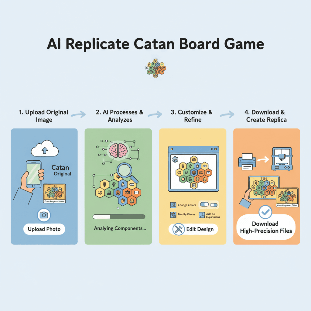 Usage steps for creating a Catan Board Game Recreation with an AI tool, showcasing ease of use and design guidance.
