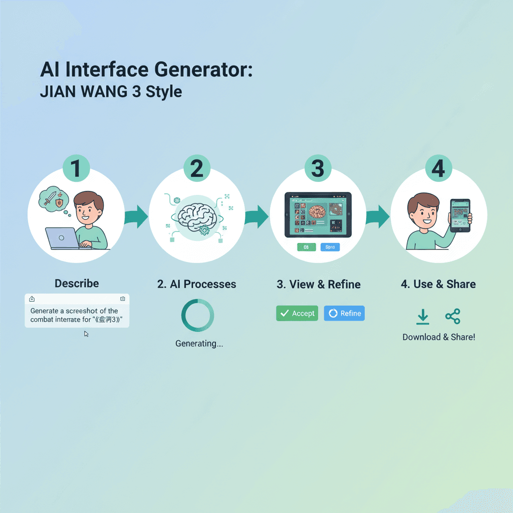 Usage steps for JX3 Game Interface, an AI tool showcasing easy navigation and process guidance in game design.