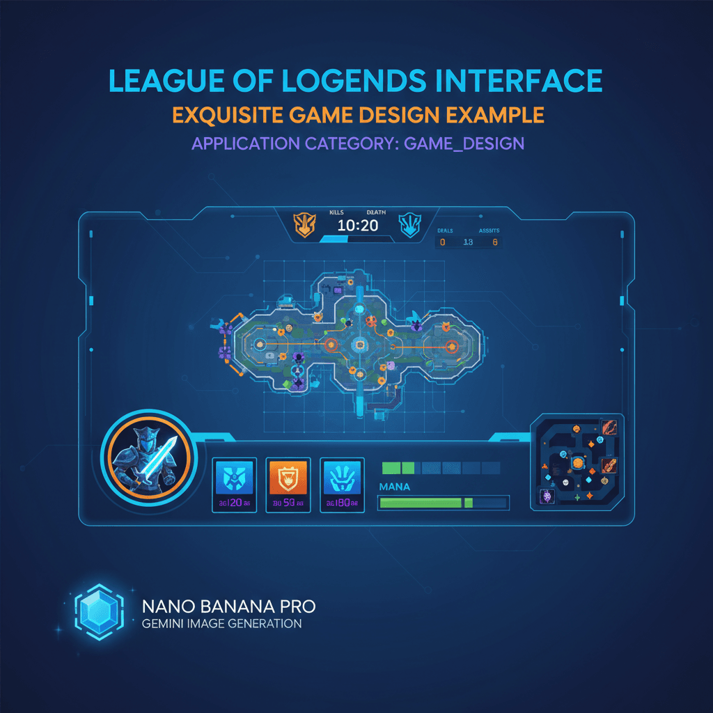 Artistic illustration of League of Legends Interface, showcasing game design with Nano Banana Pro AI for immersive gameplay.
