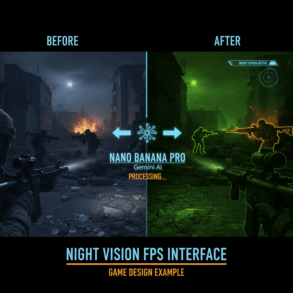 Stunning Night Vision FPS Interface design created with Nano Banana Pro, showcasing AI generation in game design.