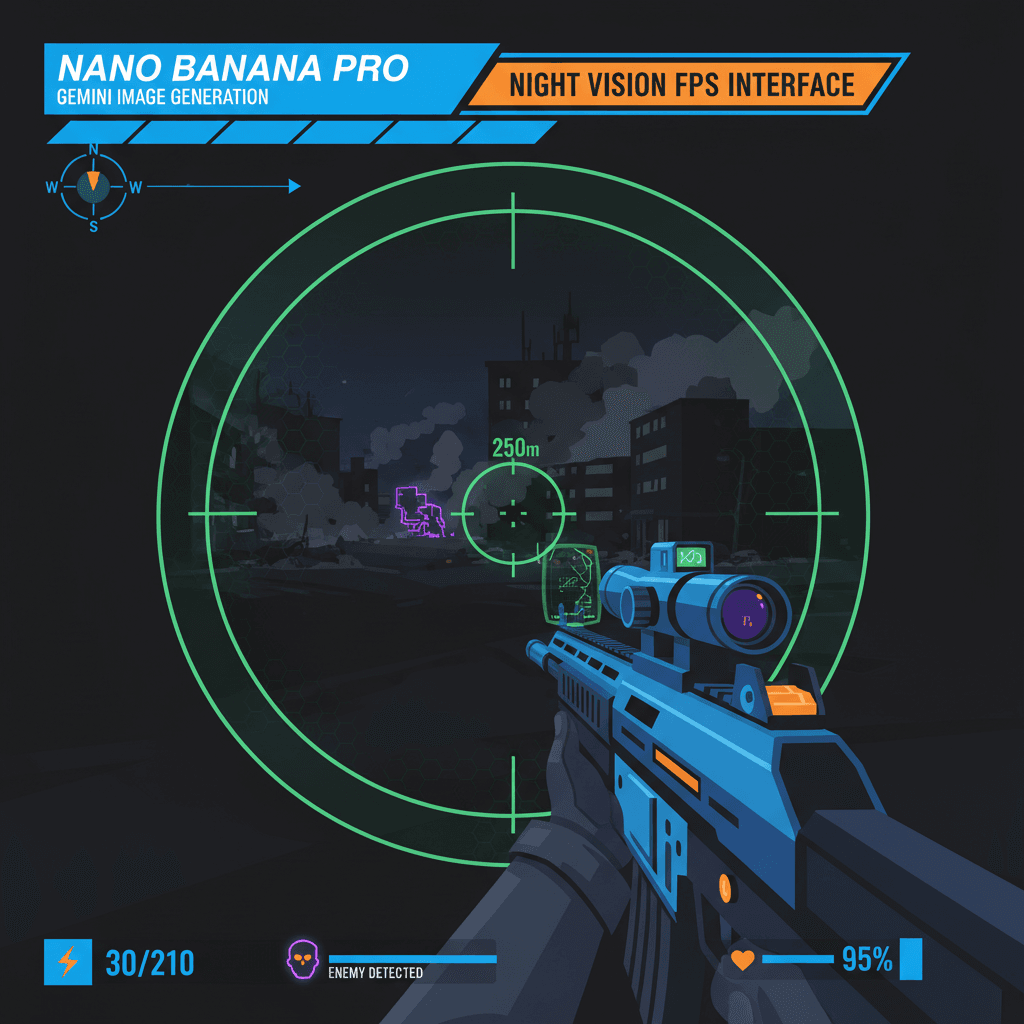 Artistic illustration of a Night Vision FPS Interface, showcasing game design with Nano Banana Pro AI for immersive gameplay.