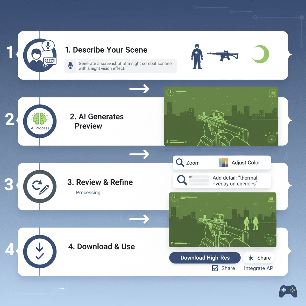 Usage steps for Night Vision FPS Interface, showcasing ease of use in AI tool for game design with Nano Banana Pro.