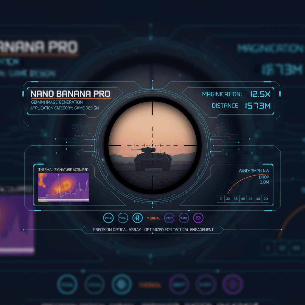 Artistic illustration of a Sniper Scope Interface, showcasing game design using AI with Nano Banana Pro for enhanced gameplay experience.