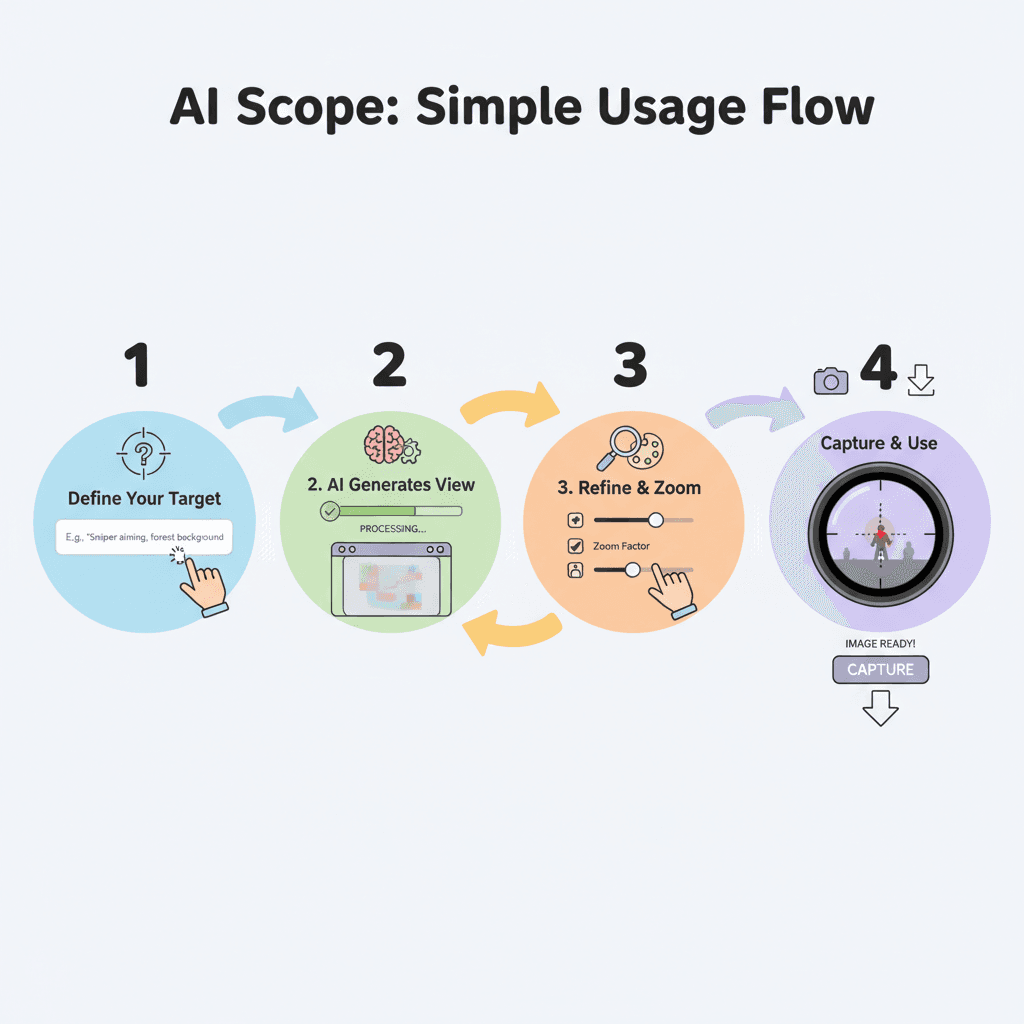 Usage steps for the Sniper Scope Interface, an AI tool showcasing easy navigation in game design.