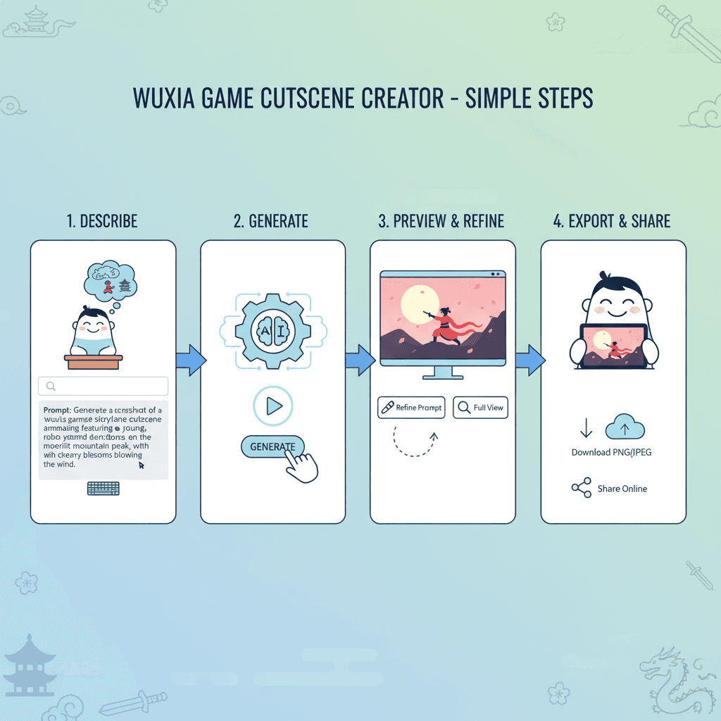 Usage steps for creating a Martial Arts Game Cutscene with Nano Banana Pro, an AI tool for easy game design.