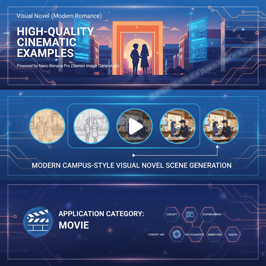 Artistic illustration of a modern romance visual novel, created with Nano Banana Pro AI, showcasing engaging storytelling in film.