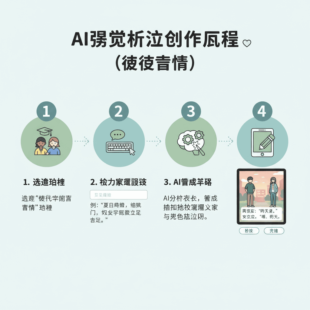 "Usage steps for creating a Visual Novel (Modern Romance) with an AI tool, showcasing ease of use and process guidance."