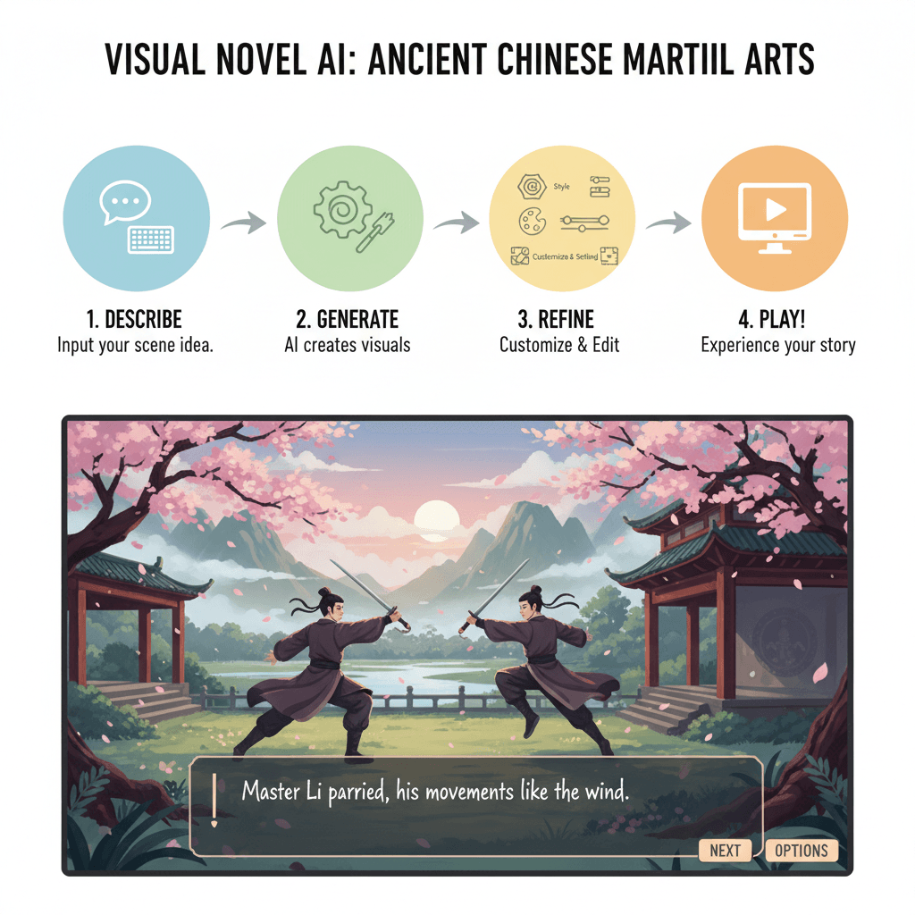 使用步骤:通过AI工具Nano Banana Pro创建古风武侠视觉小说的精美影视示例,简单易用。