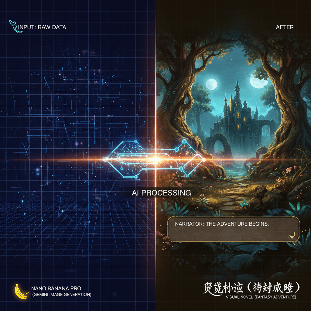 使用Nano Banana Pro创建的AI生成奇幻冒险视觉小说电影示例,展现核心功能与美学。