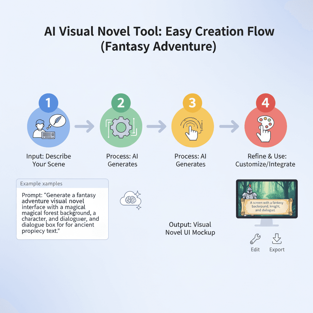 Alt文本:使用步骤:通过AI工具Nano Banana Pro轻松创建奇幻冒险视觉小说的精美影视示例。