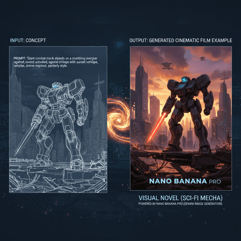使用 Nano Banana Pro 生成的科幻机甲视觉小说电影示例,展现AI生成的精美画面。