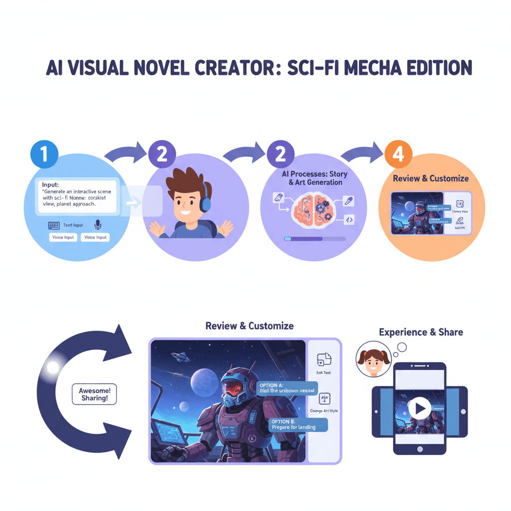 简洁的流程图展示了使用步骤,借助AI工具Nano Banana Pro轻松创建科幻机甲视觉小说。