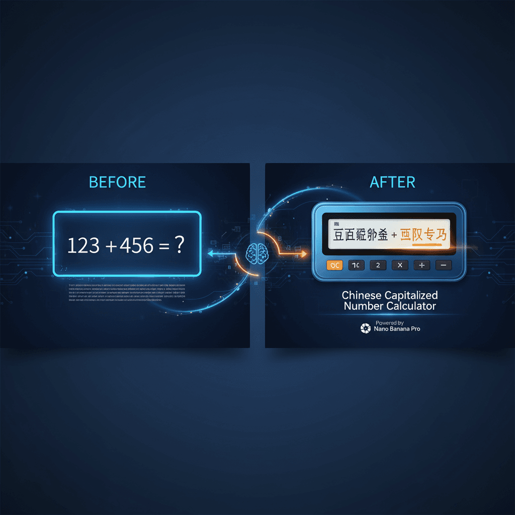 Nano Banana Pro AI生成的中文大写数字计算器,精美产品设计示例,展示核心功能。