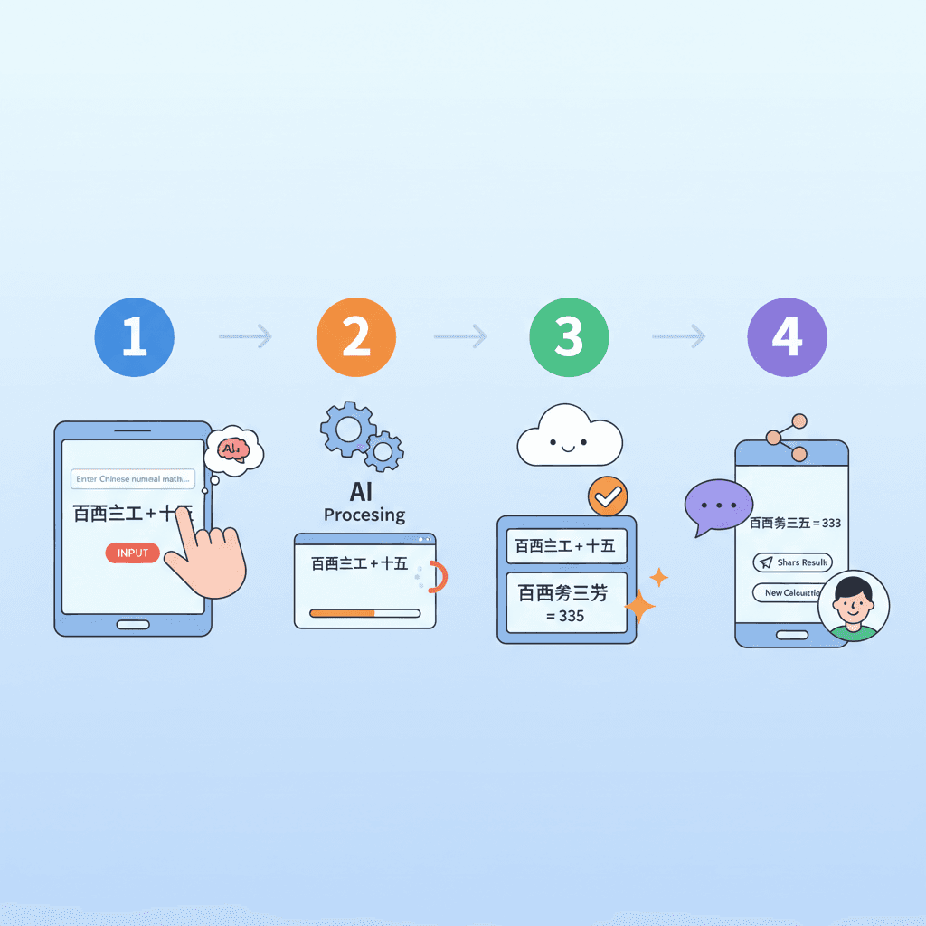 中文大写数字计算器使用步骤流程图,展示了易用的AI工具,帮助用户轻松进行数字转换。