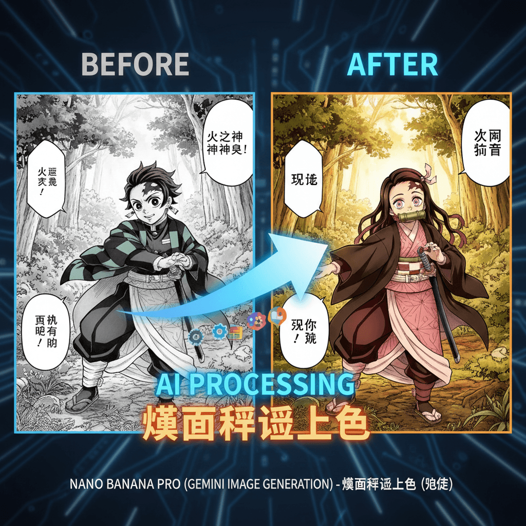 使用Nano Banana Pro生成的鬼灭漫画翻译上色示例,展示AI生成的精美效果。