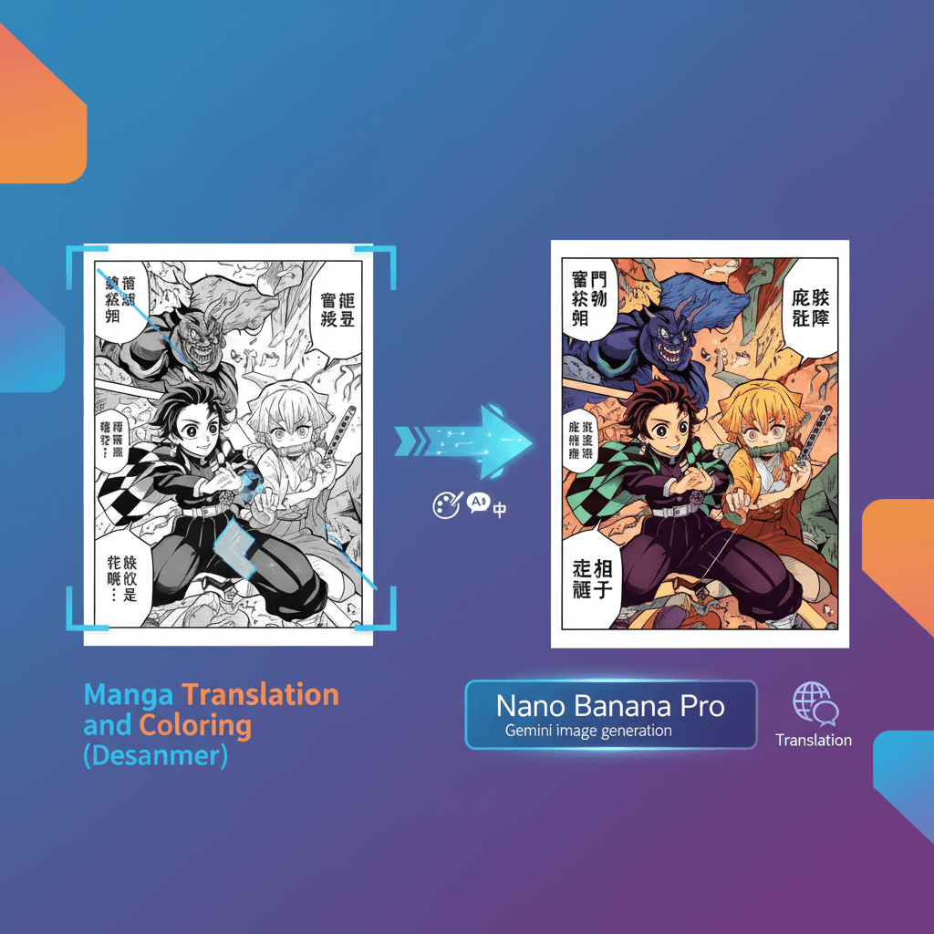 精美的鬼灭漫画翻译上色示例,使用Nano Banana Pro AI工具生成,展示翻译与艺术结合的价值。