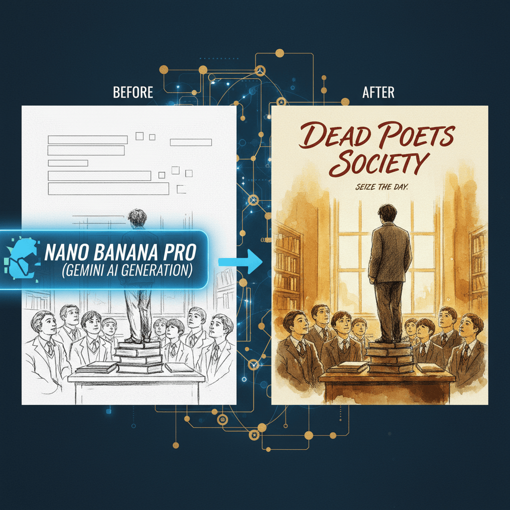 精美电影海报《死亡诗社》,由Nano Banana Pro AI生成,展示了其强大图像设计功能。